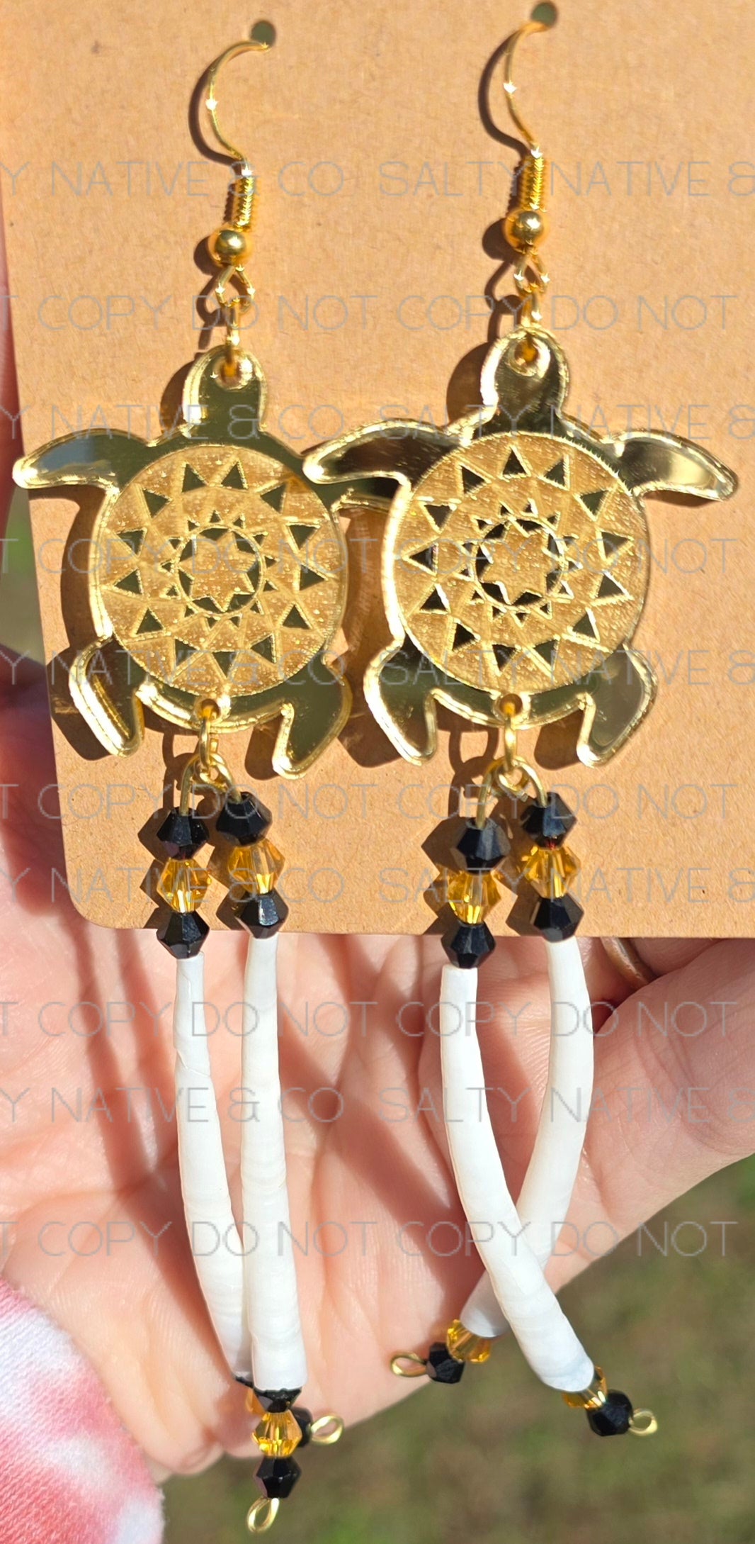 Handmade Lumbee Turtle Earrings| Pinecone Patchwork| Dentalium Shell Beads