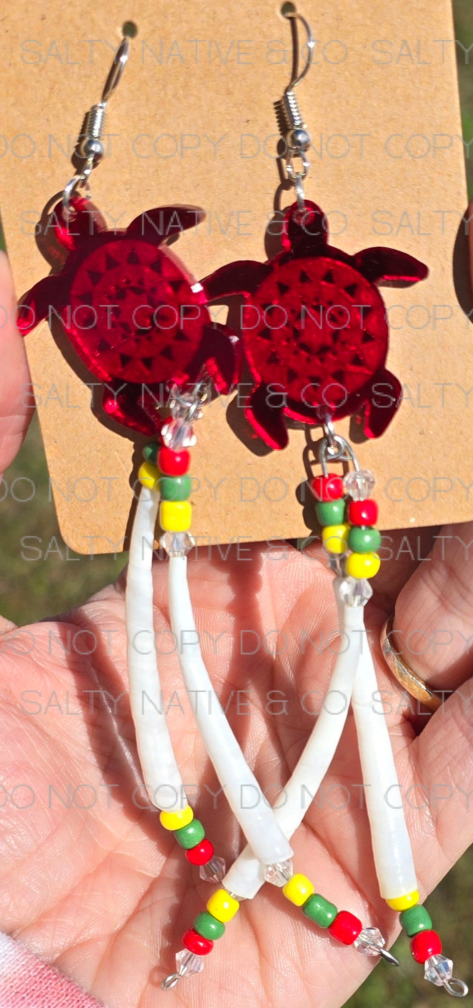 Handmade Lumbee Turtle Earrings| Pinecone Patchwork| Dentalium Shell Beads