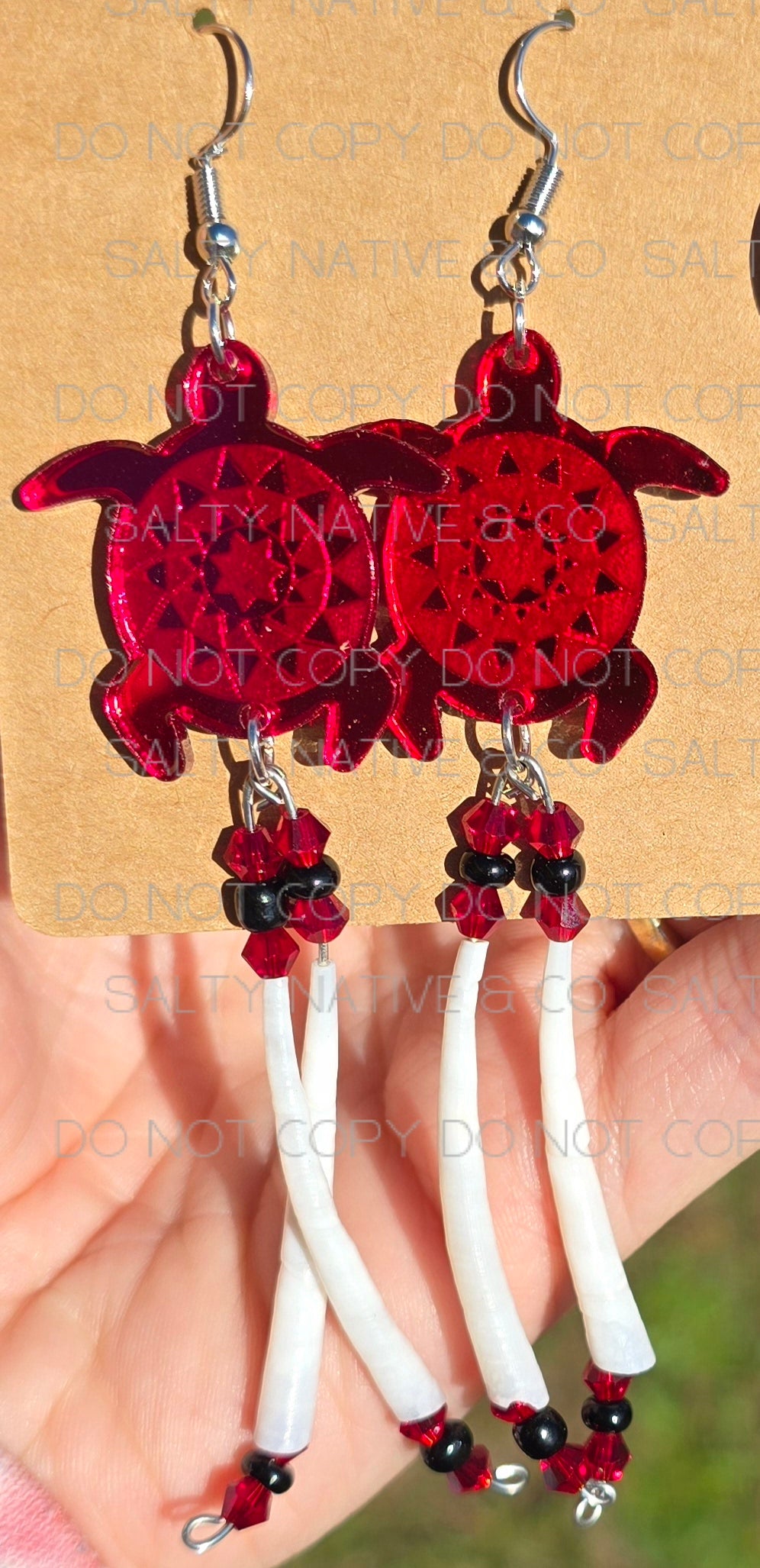 Handmade Lumbee Turtle Earrings| Pinecone Patchwork| Dentalium Shell Beads