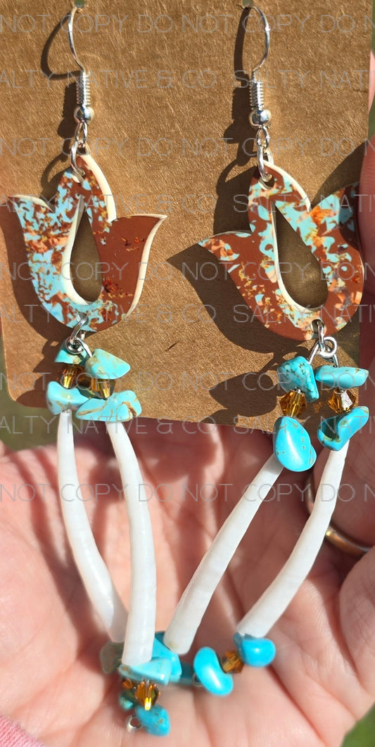 Unique Handmade Floral Earrings| Turquoise and Copper| Dentalium Shell Beads