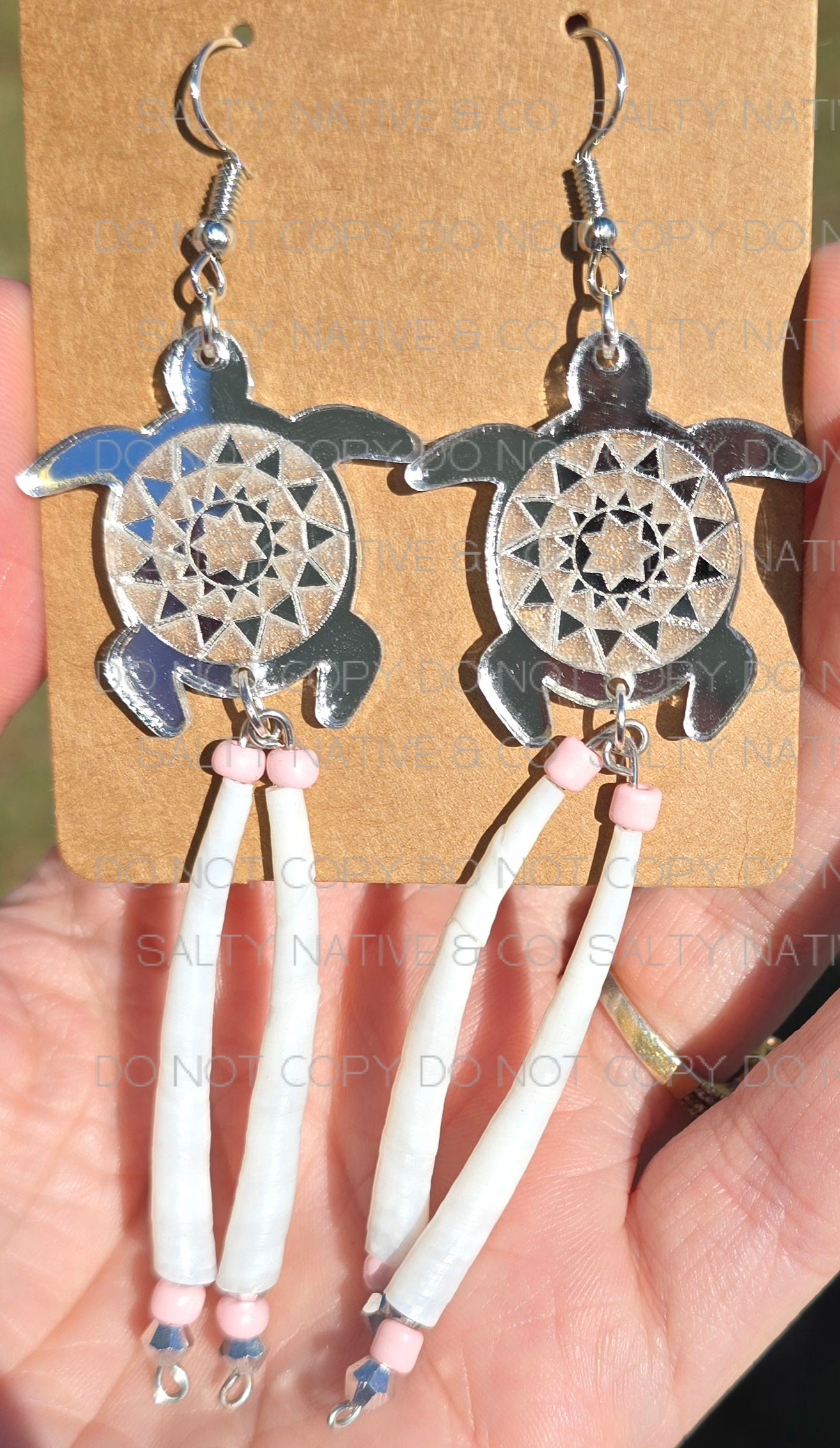 Handmade Lumbee Turtle Earrings| Pinecone Patchwork| Dentalium Shell Beads