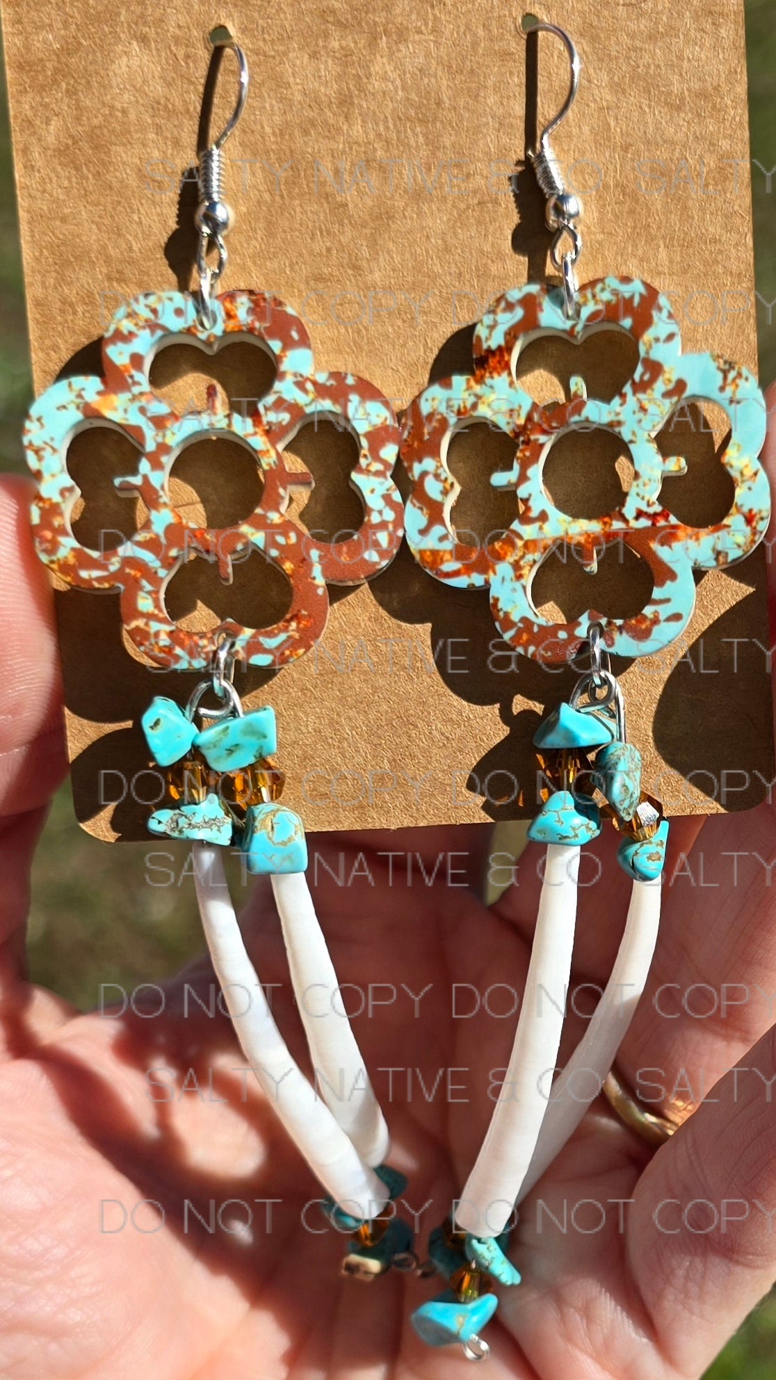 Unique Handmade Floral Earrings| Turquoise and Copper| Dentalium Shell Beads